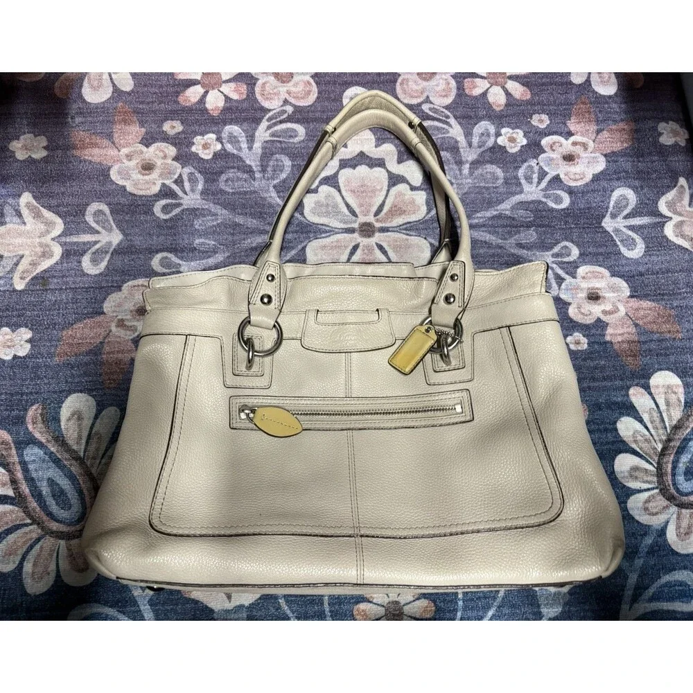 Coach Beige Pebbled Satchel Large Double Handles Silver Hardware Pink Lining